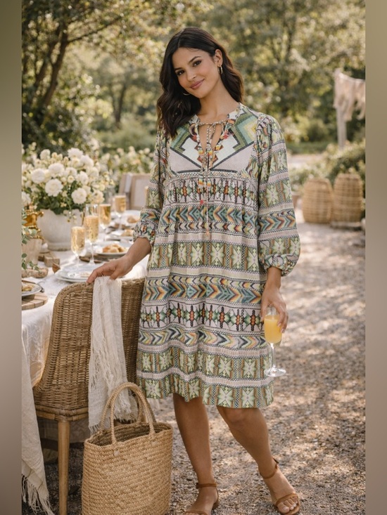 FARM Rio Dresses & Skirts - Farm Rio “Amulet” Vibrant Tribal Oversized Long Sleeve Dress - Small